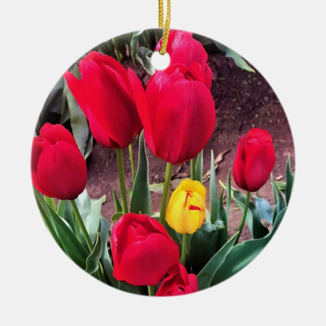 One Yellow with Red Tulips Ceramic Ornament (Front)