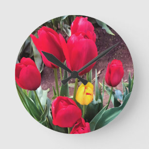 One Yellow with Red Tulips Round Clock