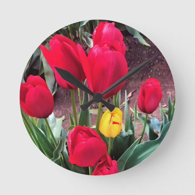 One Yellow with Red Tulips Round Clock (Front)