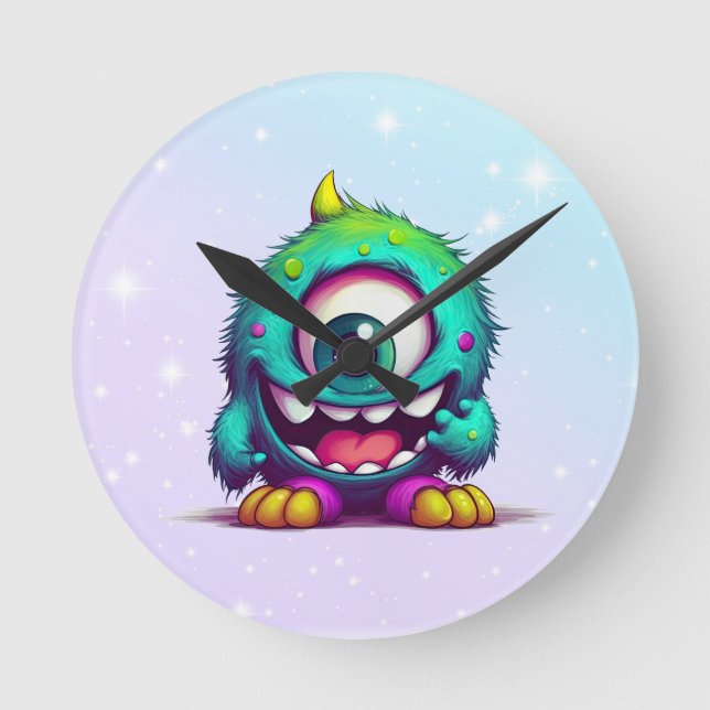 Onecru B is the one-eyed cheerful mini monster Round Clock (Front)