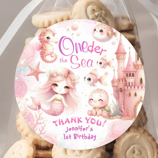 Oneder The Sea 1st Birthday Cute Girl Pink Mermaid Classic Round Sticker (Creator Uploaded)