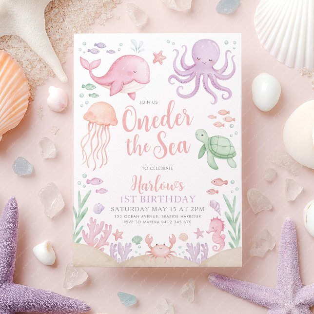 Oneder The Sea 1st Birthday Girl Invitation (Oneder the Sea Girl's 1st birthday invitation | Ocean animal theme in pink purple)