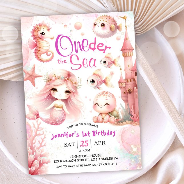 ONEder The Sea 1st Birthday Girl Pink Cute Ocean  Invitation (Creator Uploaded)