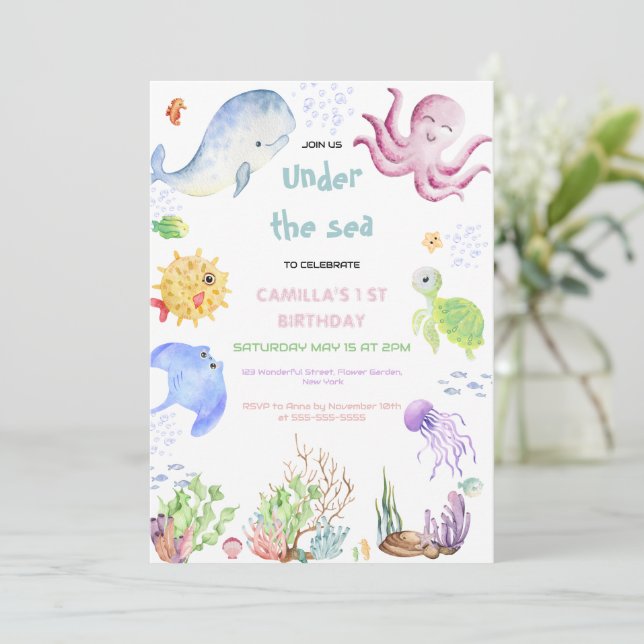 Oneder The Sea 1st Birthday Under The Sea Invitation (Standing Front)