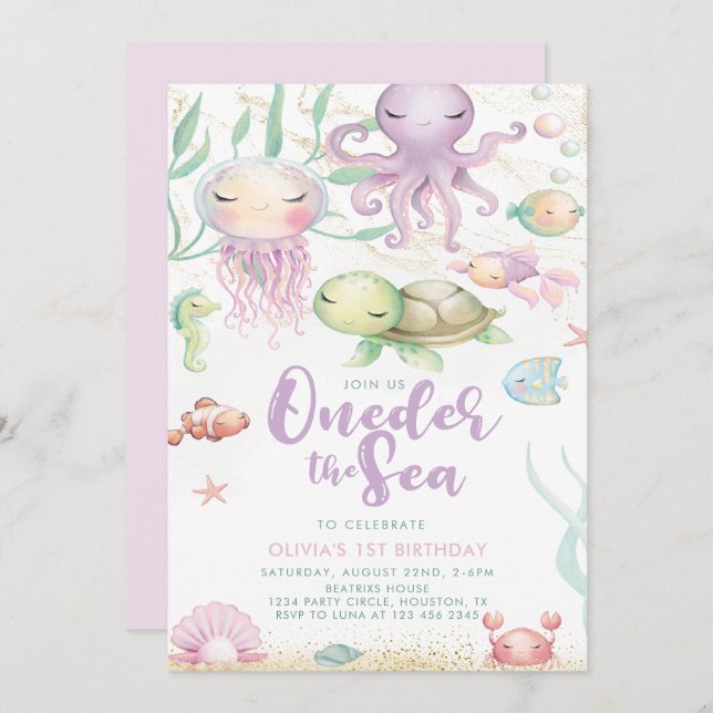 Oneder The Sea 1st Birthday Under The Sea purple Invitation (Front/Back)