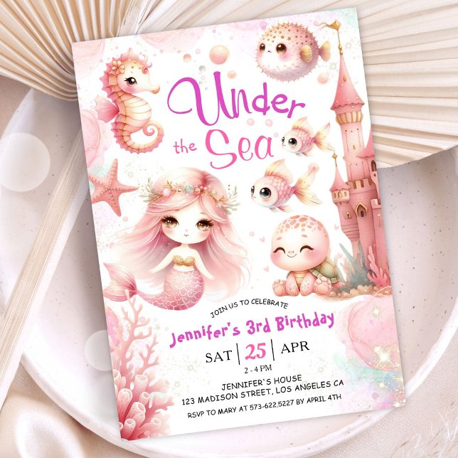 ONEder The Sea! 3rd Birthday Girl Pink Cute Ocean Invitation (Creator Uploaded)