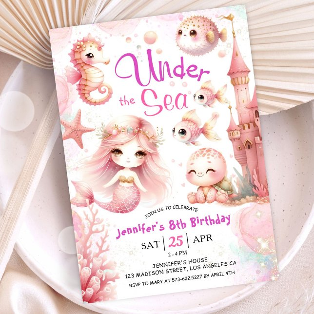ONEder The Sea! 8th Birthday Girl Pink Cute Ocean Invitation (Creator Uploaded)