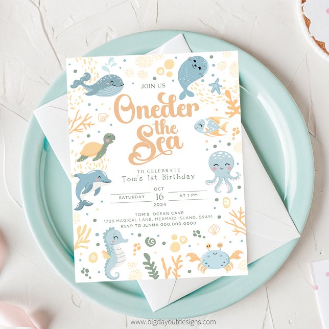 Oneder the Sea Birthday Invitation. Ocean Birthday Invitation (Under the Sea - Boy 1st Birthday Invitation)