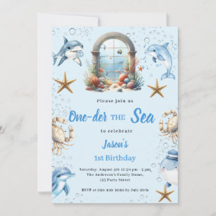 Oneder the sea blue ocean animals boy 1st Birthday Invitation