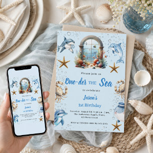 Oneder the sea blue ocean animals boy 1st Birthday Invitation