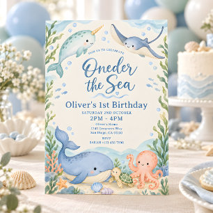 Oneder the Sea Blue Watercolor 1st Birthday Invitation