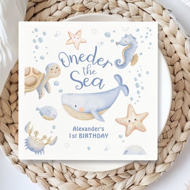 ONEder The Sea! Boy Cute Ocean 1st Birthday Napkin (Creator Uploaded)