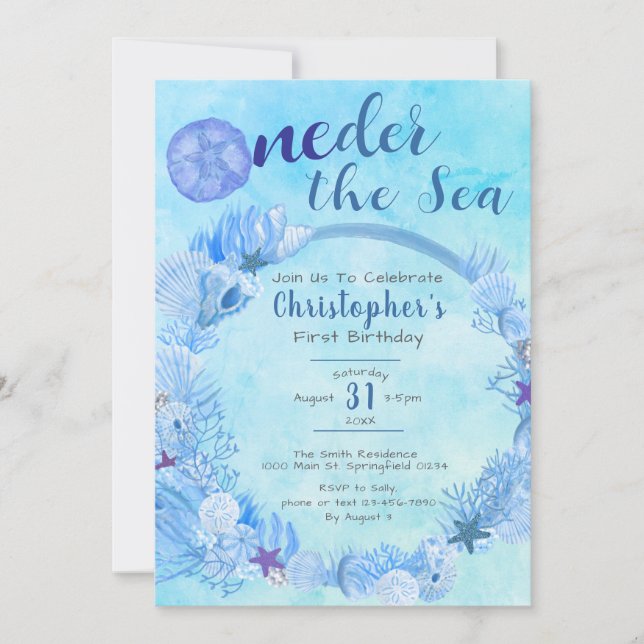 OneDer the Sea Cute Blue Boy's 1st Birthday Party Invitation (Front)