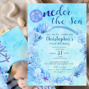 OneDer the Sea Cute Blue Boy's 1st Birthday Party Invitation