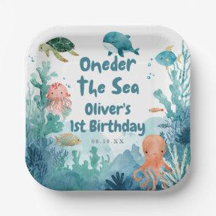 Oneder the Sea Cute Watercolor 1st Birthday Paper Plate