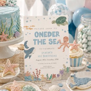 Oneder the Sea Cute Watercolor Blue Boy 1st  Invitation