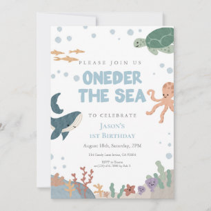 Oneder the Sea Cute Watercolor Blue Boy 1st Invitation
