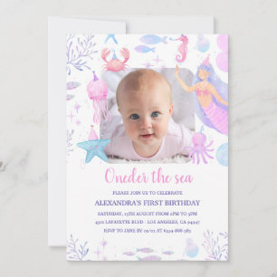 Oneder the Sea Girl 1st Birthday Mermaid Photo Invitation