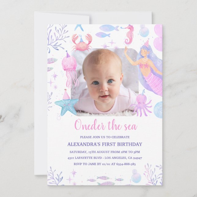 Oneder the Sea Girl 1st Birthday Mermaid Photo Invitation (Front)