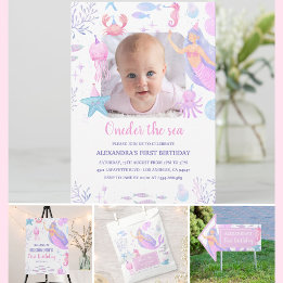 Oneder the Sea Girl 1st Birthday Mermaid Photo Invitation