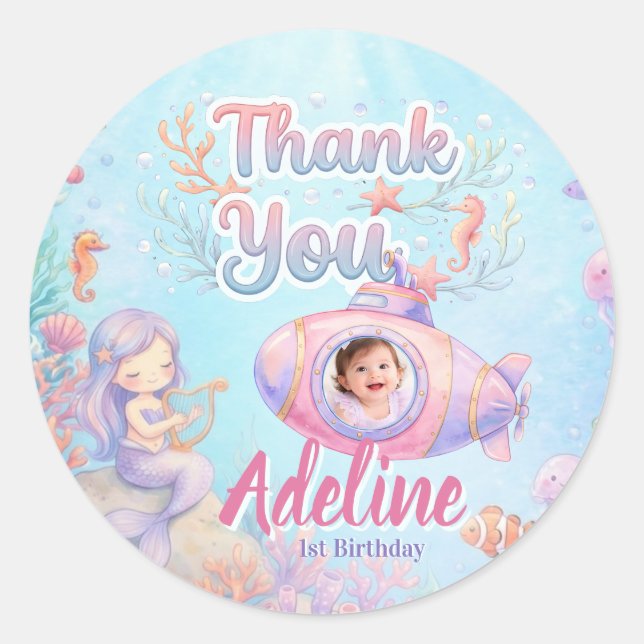 ONEder the Sea Girl 1st Birthday Photo Thank You Classic Round Sticker (Front)
