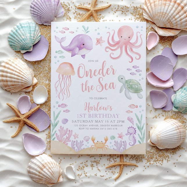 Oneder The Sea Girl 1st Birthday Pink Invitation (Oneder the Sea Girls 1st birthday invitation | Ocean animal theme)