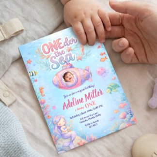 ONEder the Sea Girl First Birthday Photo Invitation