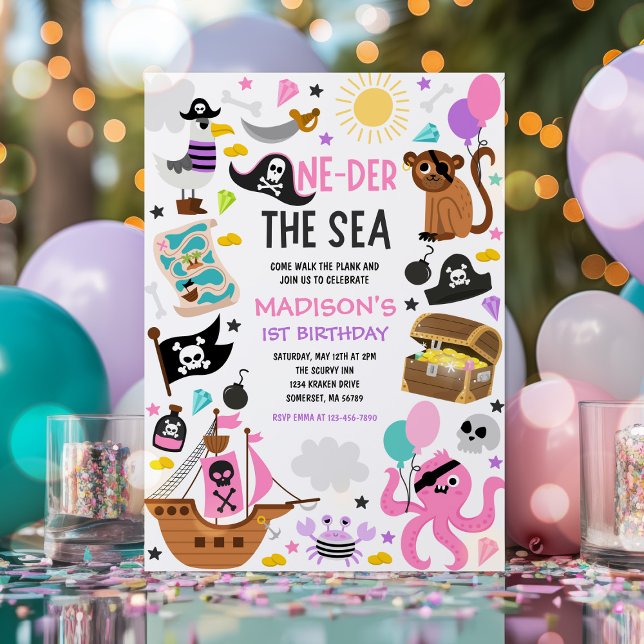 Oneder The Sea Girl Pink Pirate 1st Birthday Party Invitation (Creator Uploaded)
