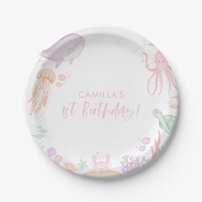 Oneder The Sea Girls 1st Birthday Paper Plate (Front)