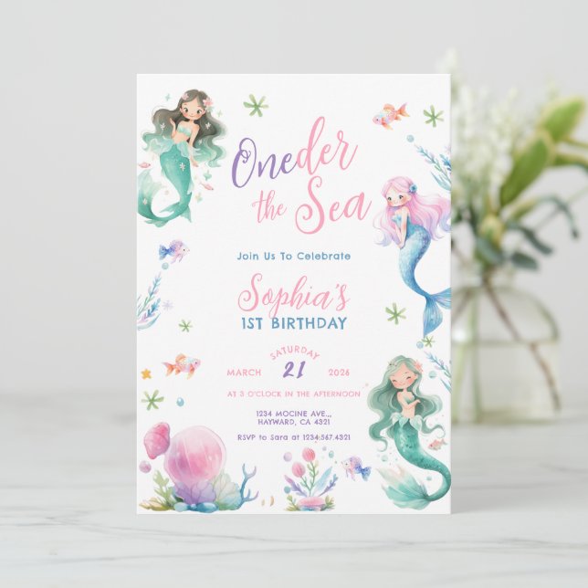 ONEder the Sea Little Mermaid First Birthday Invitation (Standing Front)