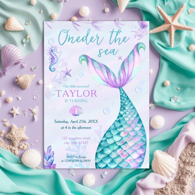 Oneder the Sea Mermaid 1st birthday girl Invitation (Onerder the Sea - mermaid, under the sea 1s birthday invitation, foam green, lavender, blue)