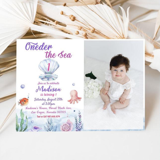 Oneder The Sea Mermaid 1st Birthday Party Photo Invitation (Creator Uploaded)