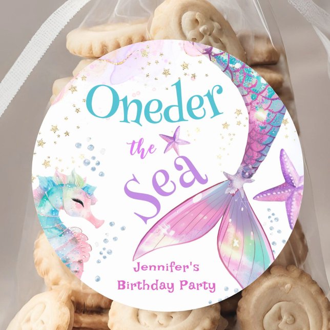 Oneder The Sea Mermaid 1st Birthday Pink Purple Classic Round Sticker (Creator Uploaded)