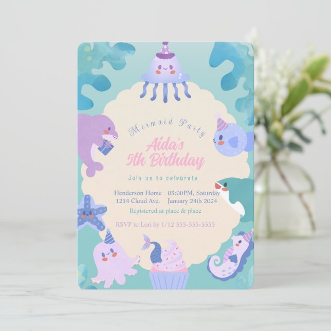Oneder the Sea Mermaid Birthday Invitation (Standing Front)