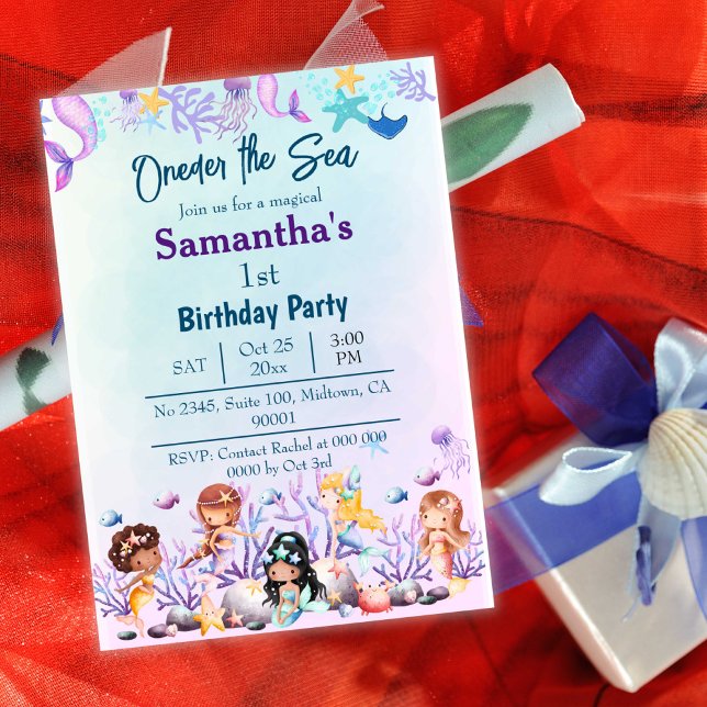 Oneder the sea mermaid cute kids blue 1st birthday invitation (Creator Uploaded)