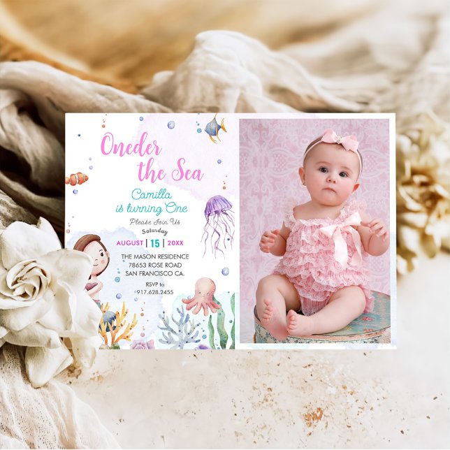 Oneder The Sea Mermaid Girl 1st Birthday Photo Invitation (Creator Uploaded)