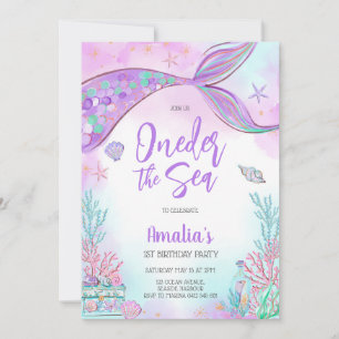 Oneder the Sea Mermaid Ocean Theme Girl Birthday  Invitation