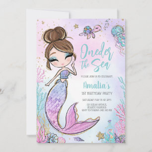Oneder the Sea Mermaid Ocean Theme Girl Birthday  Invitation