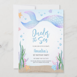 Oneder the Sea Mermaid Ocean Theme Girl Birthday  Invitation