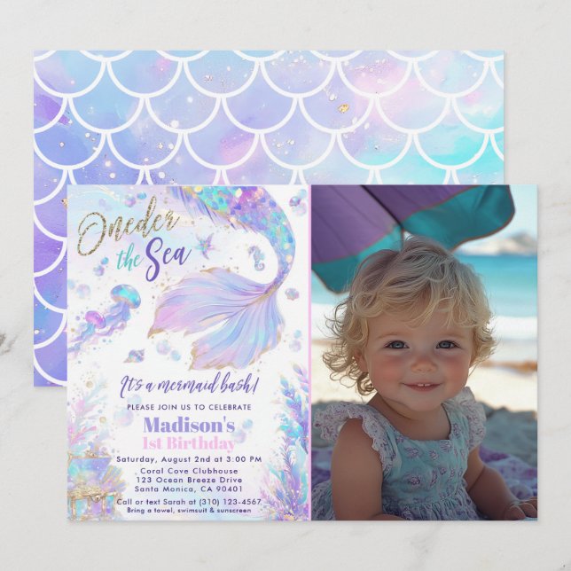 Oneder the Sea Mermaid Photo Birthday Invitation (Front/Back)
