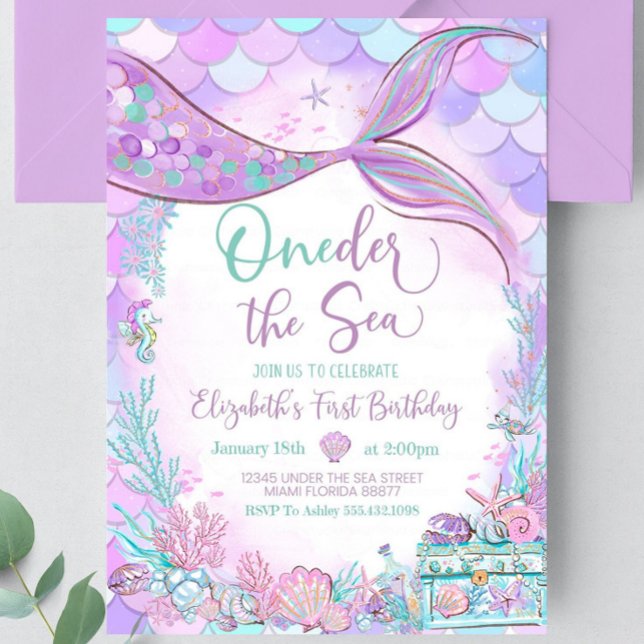 Oneder the Sea Mermaid Purple Teal First Birthday  Invitation (Creator Uploaded)