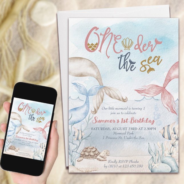 Oneder the Sea Mermaid Watercolor 1st Birthday Invitation (Creator Uploaded)