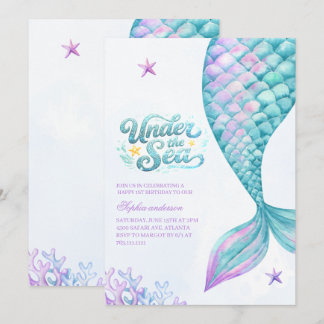 Oneder the Sea Mermaid Watercolor 1st Birthday Invitation