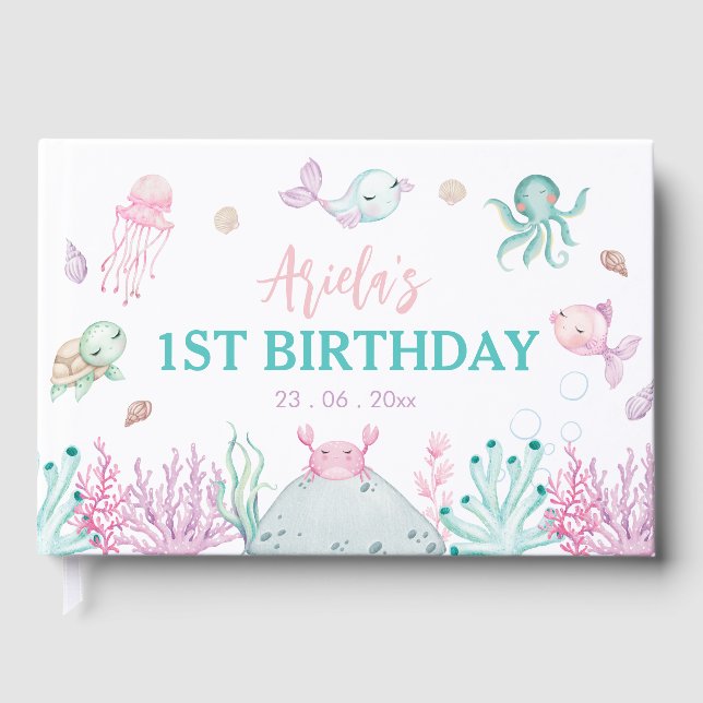 Oneder the Sea Ocean Animals 1st Birthday Guest Book (Front)