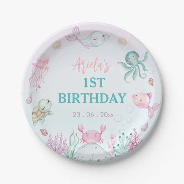 Oneder the Sea Ocean Animals 1st Birthday Paper Plate (Front)