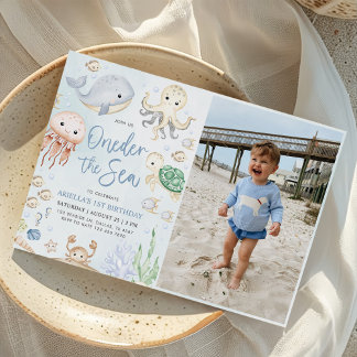 Oneder The Sea Ocean Animals 1st Birthday Photo Invitation