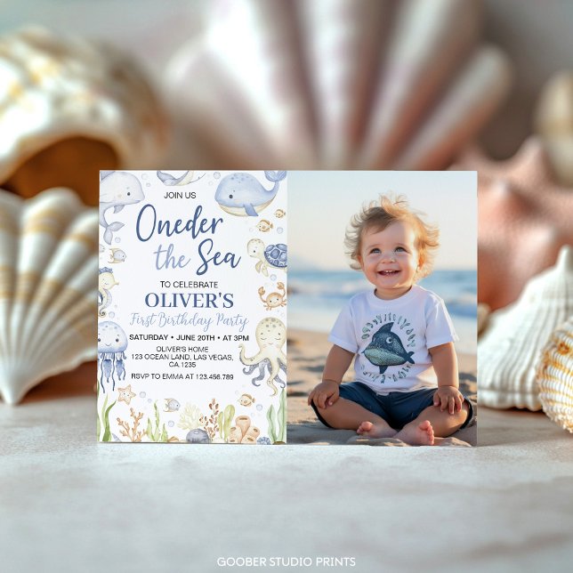 Oneder The Sea Ocean Animals Boy Birthday Photo Invitation (Creator Uploaded)