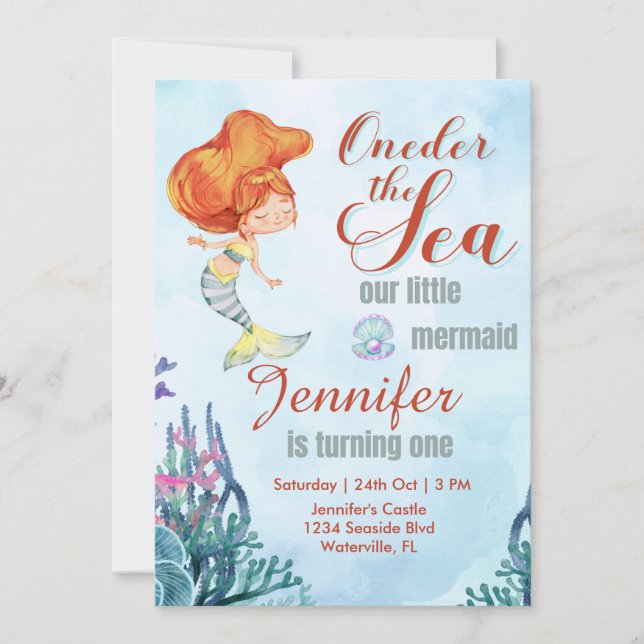 Oneder the Sea Orange Mermaid 1st birthday girl Invitation (Front)