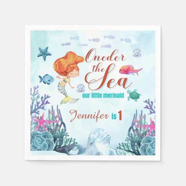 Oneder the sea orange mermaid 1st birthday girl napkin (Front)