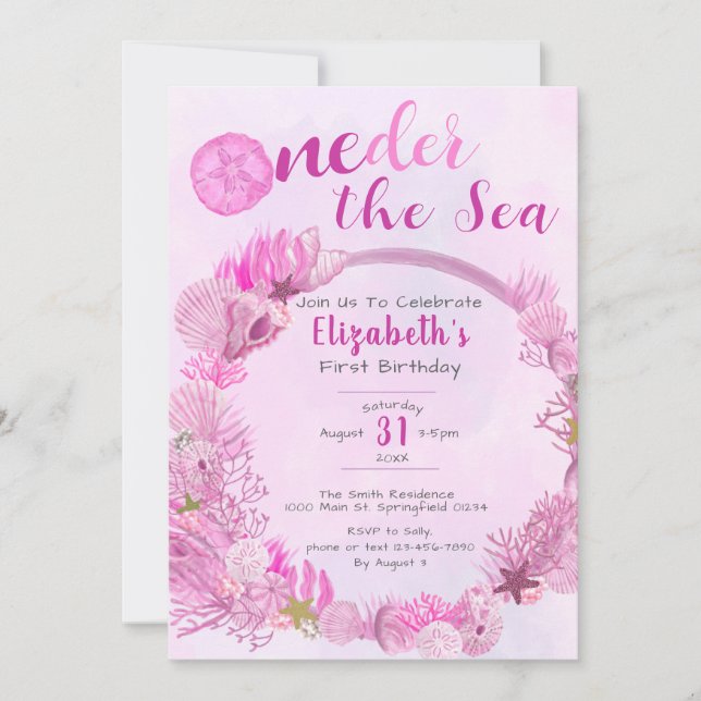 OneDer the Sea Pink Girl Photo 1st Birthday Party Invitation (Front)
